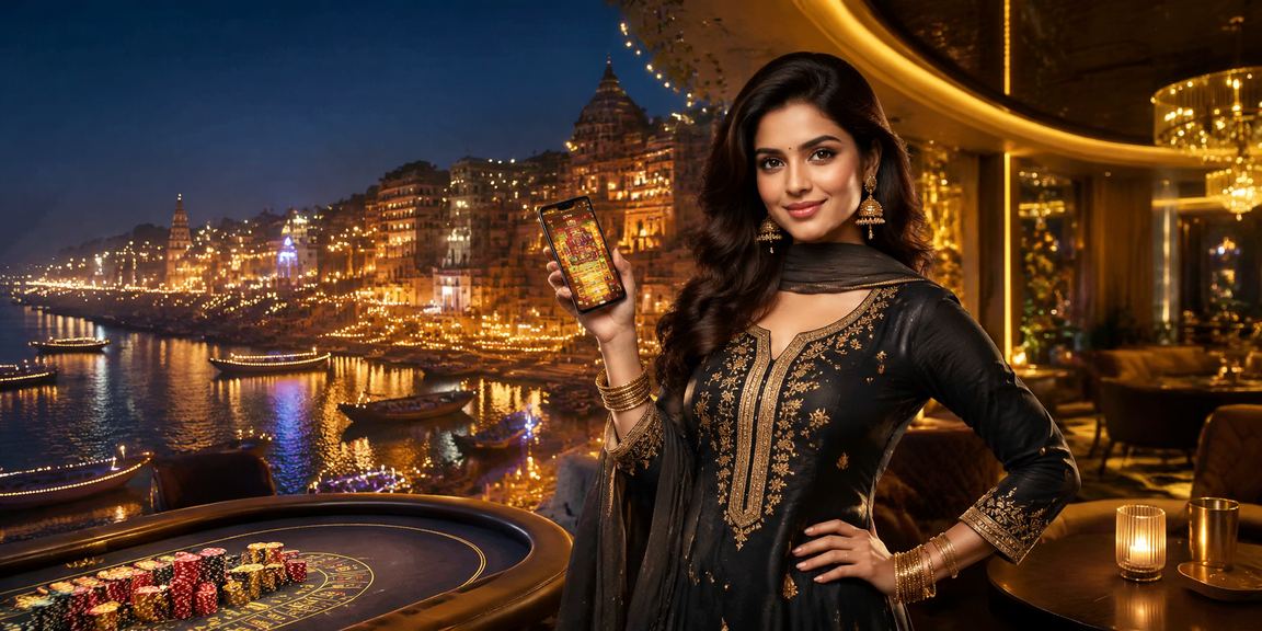 Live casino player enjoying mobile streaming near Varanasi river ghats